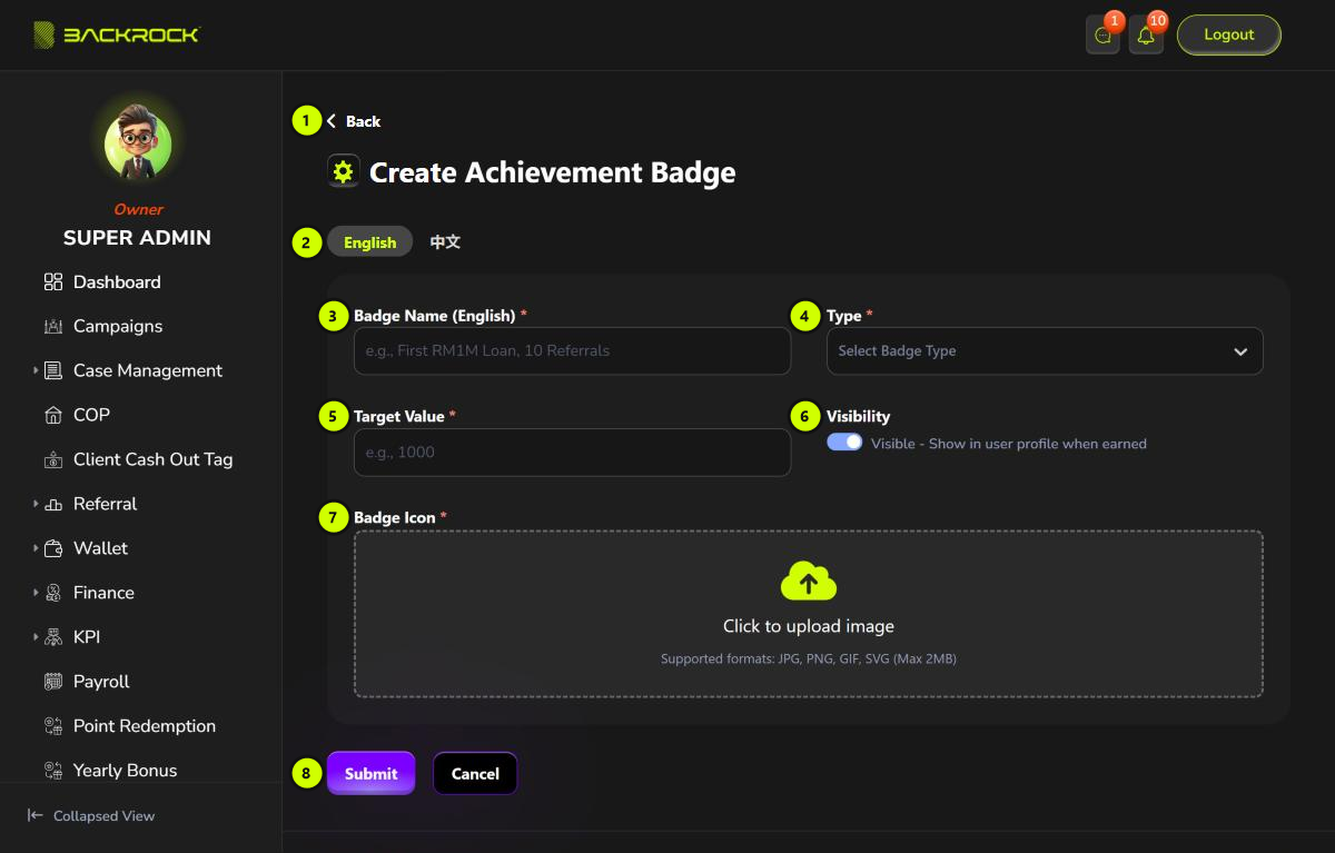 The Create Achievement Badge form, with its parts numbered 1 to 8