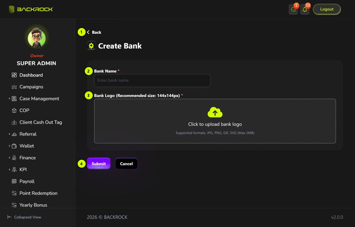 The Create Bank form, with its parts numbered 1 to 4