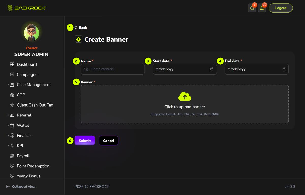 The Create Banner form, with its parts numbered 1 to 6