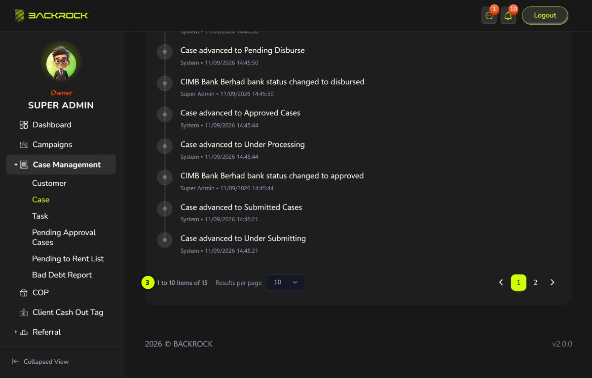 The bottom of the Activity Log tab, with the pages numbered 3