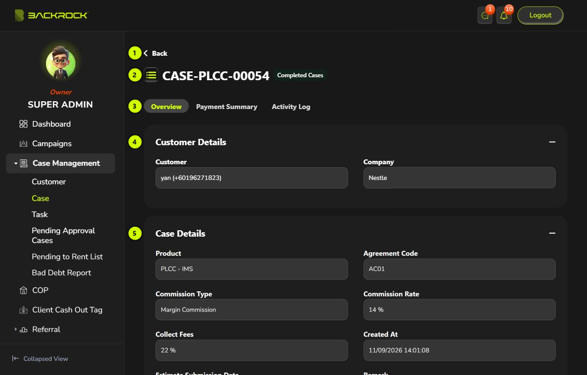 Case Details, with its parts numbered 1 to 5