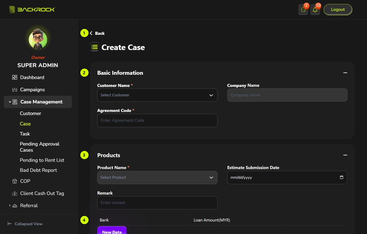 The top of the Create Case form, with its parts numbered 1 to 4