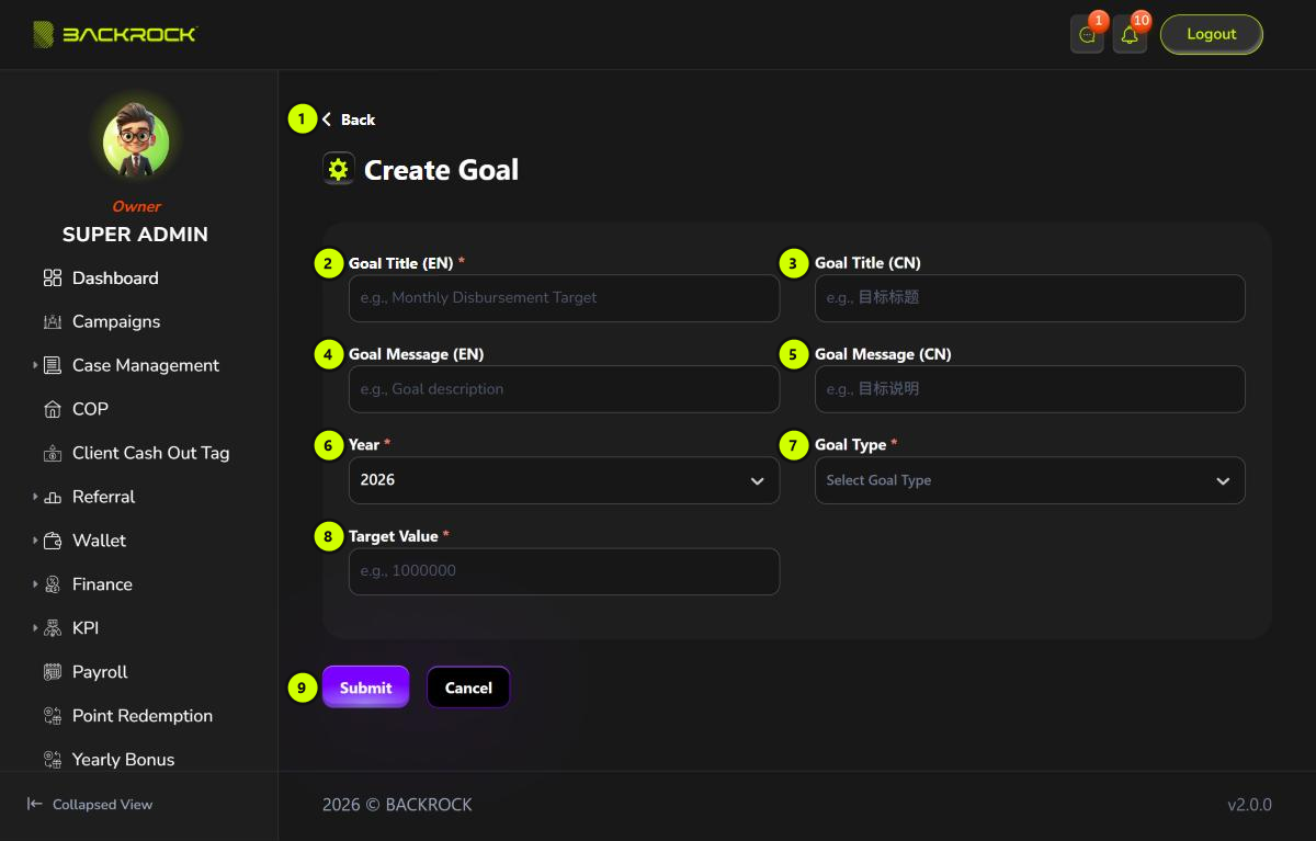 The Create Goal form, with its parts numbered 1 to 9
