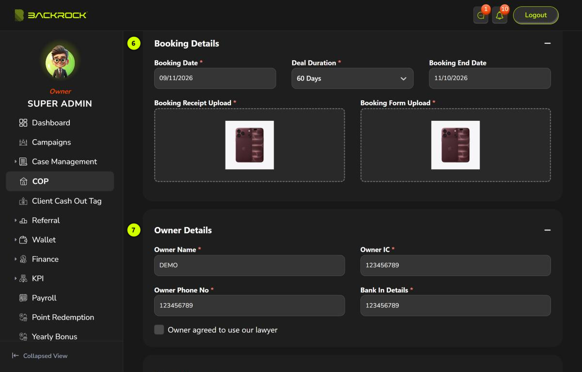 The Booking Details and Owner Details sections, with parts 6 and 7 numbered