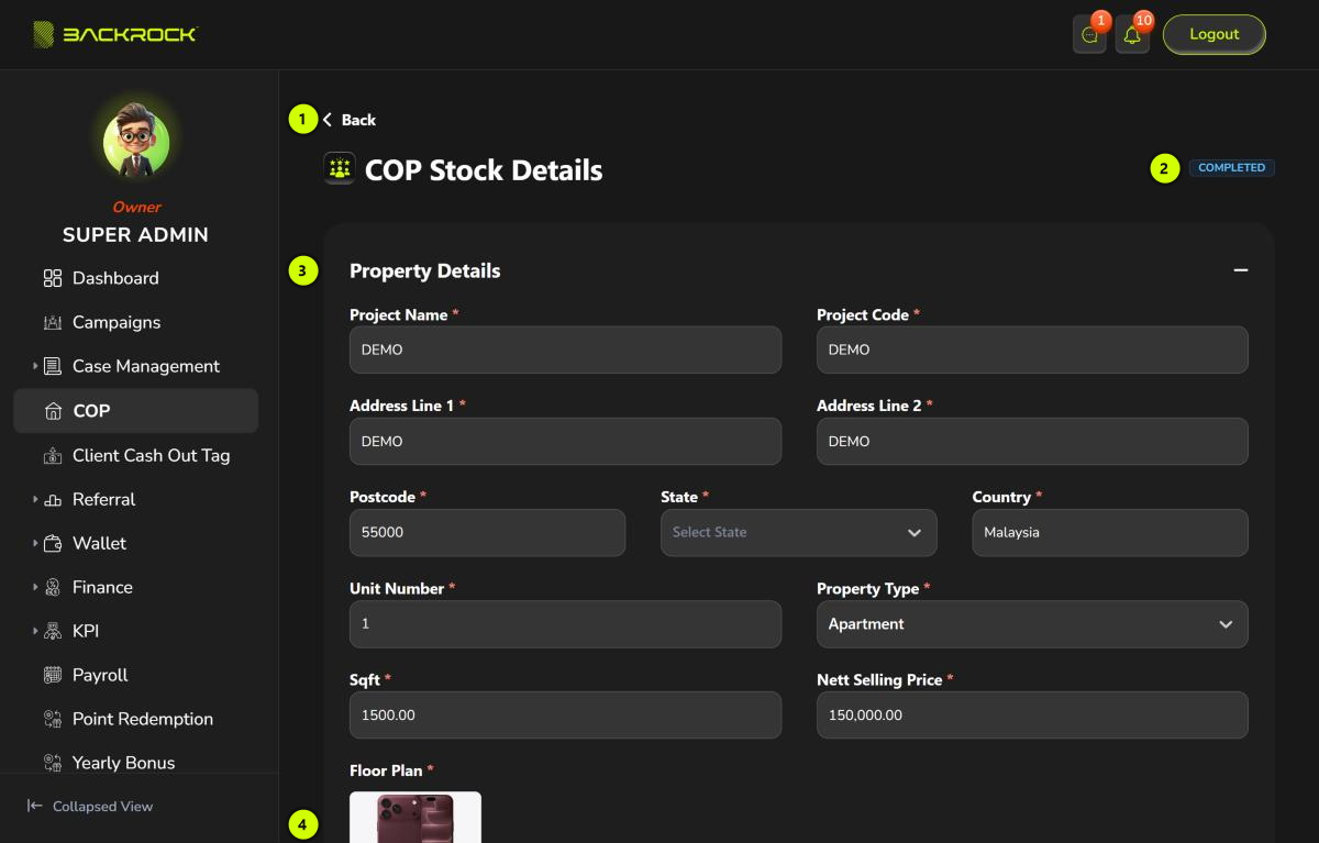 The COP Stock Details page, with its parts numbered 1 to 4