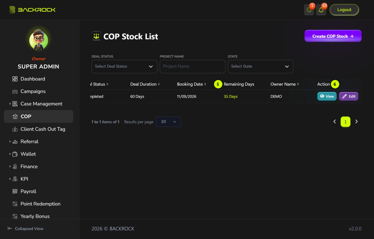The right side of the COP Stock List, with parts 5 and 6 numbered
