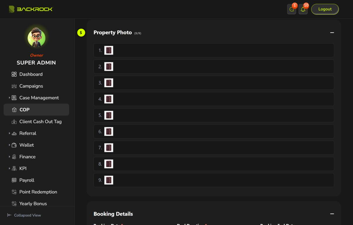 The Property Photo section of the COP Stock Details page, with part 5 numbered