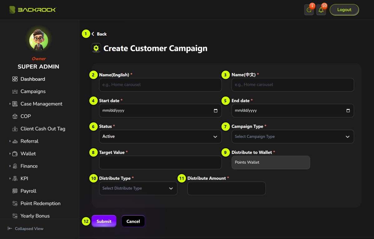 The Create Customer Campaign form, with its parts numbered 1 to 12