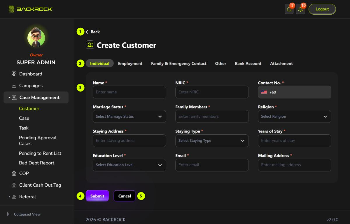 The Create Customer form, with its parts numbered 1 to 5