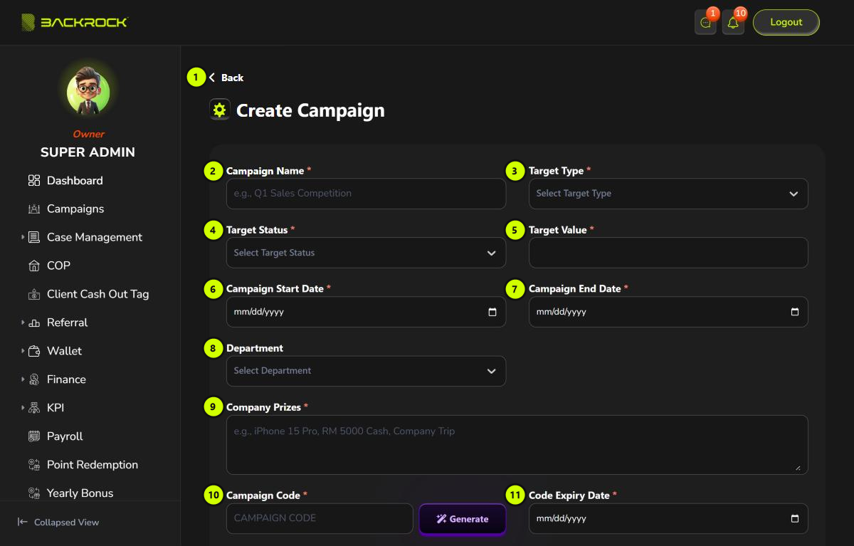 The top of the Create Campaign form, with its parts numbered 1 to 11
