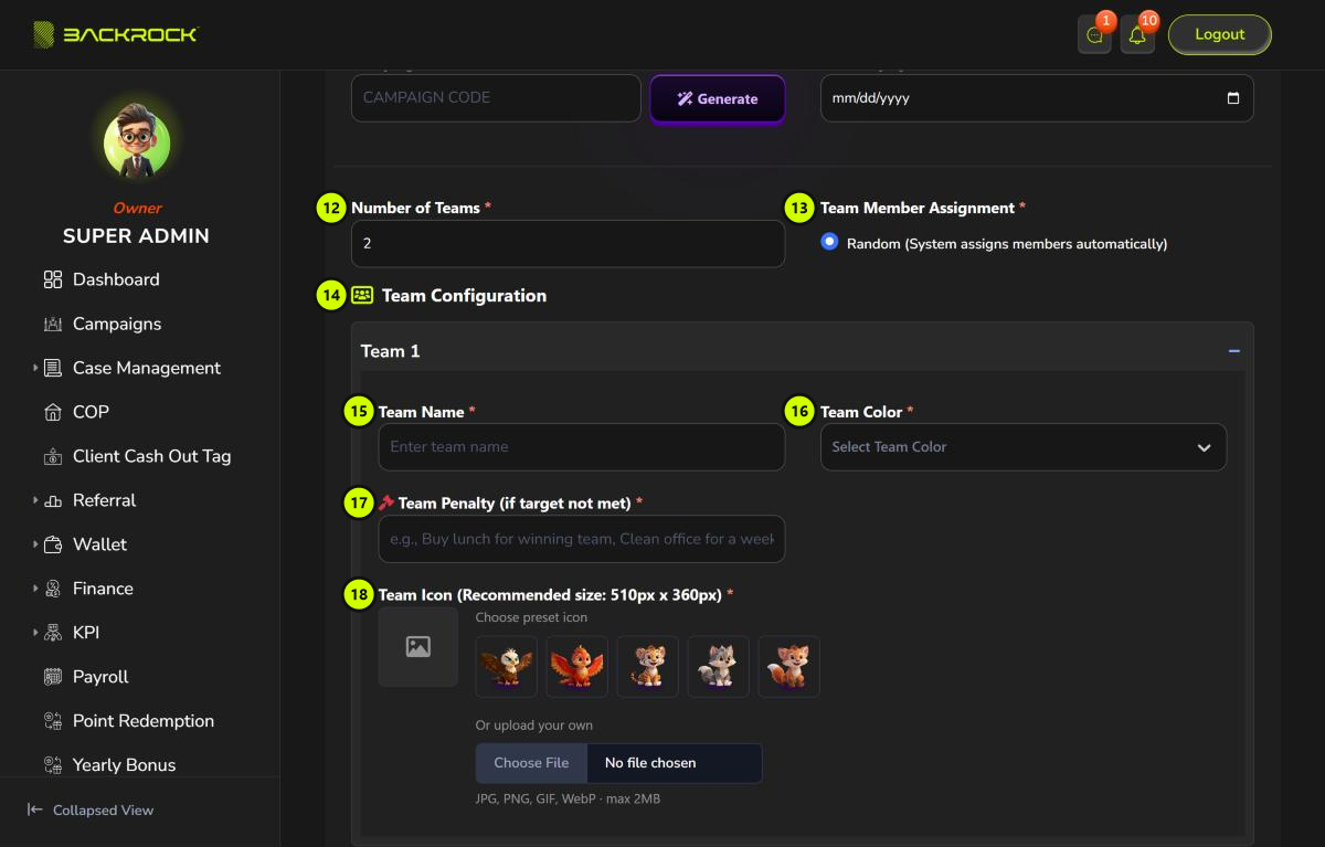 The team part of the Create Campaign form, with parts 12 to 18 numbered