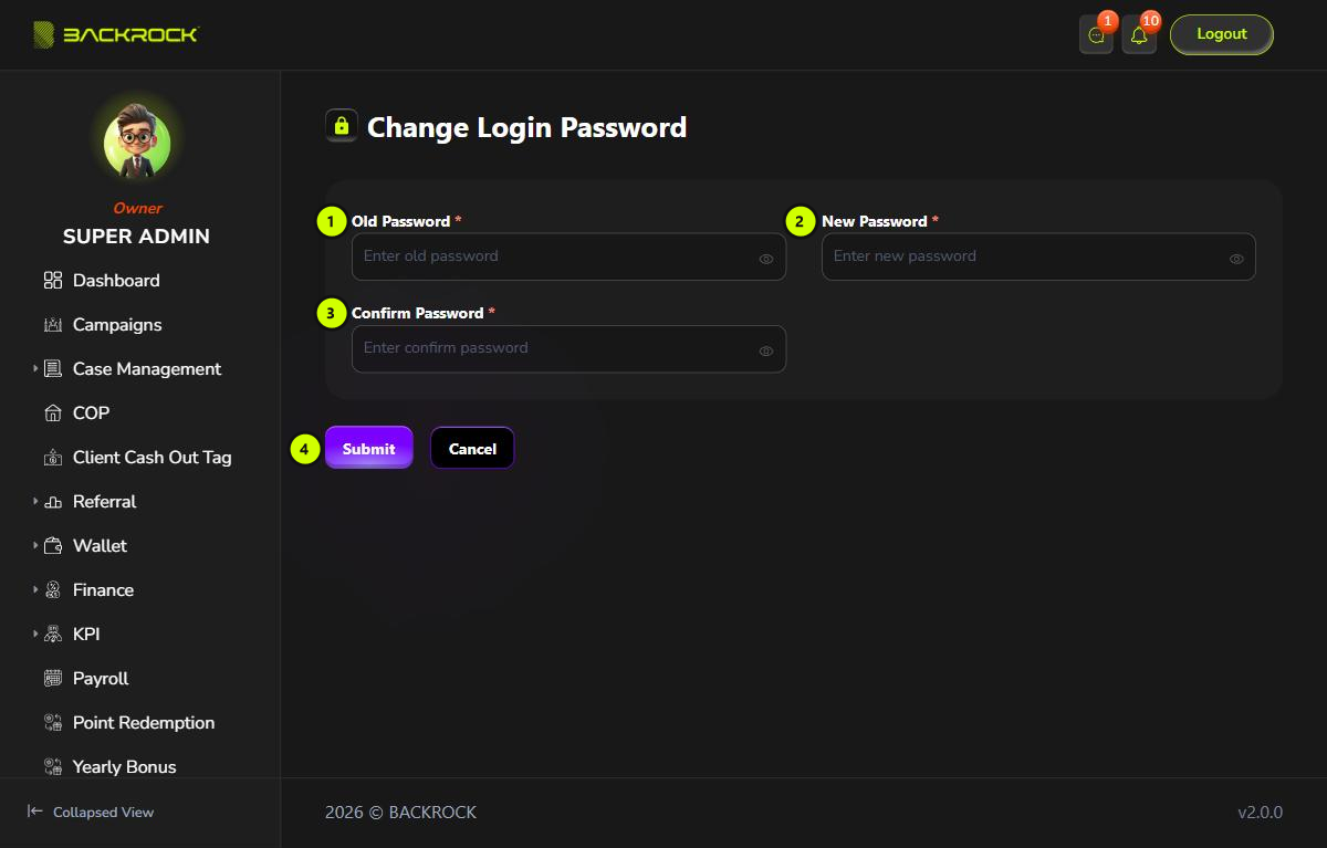 The Change Login Password page, with its parts numbered 1 to 4