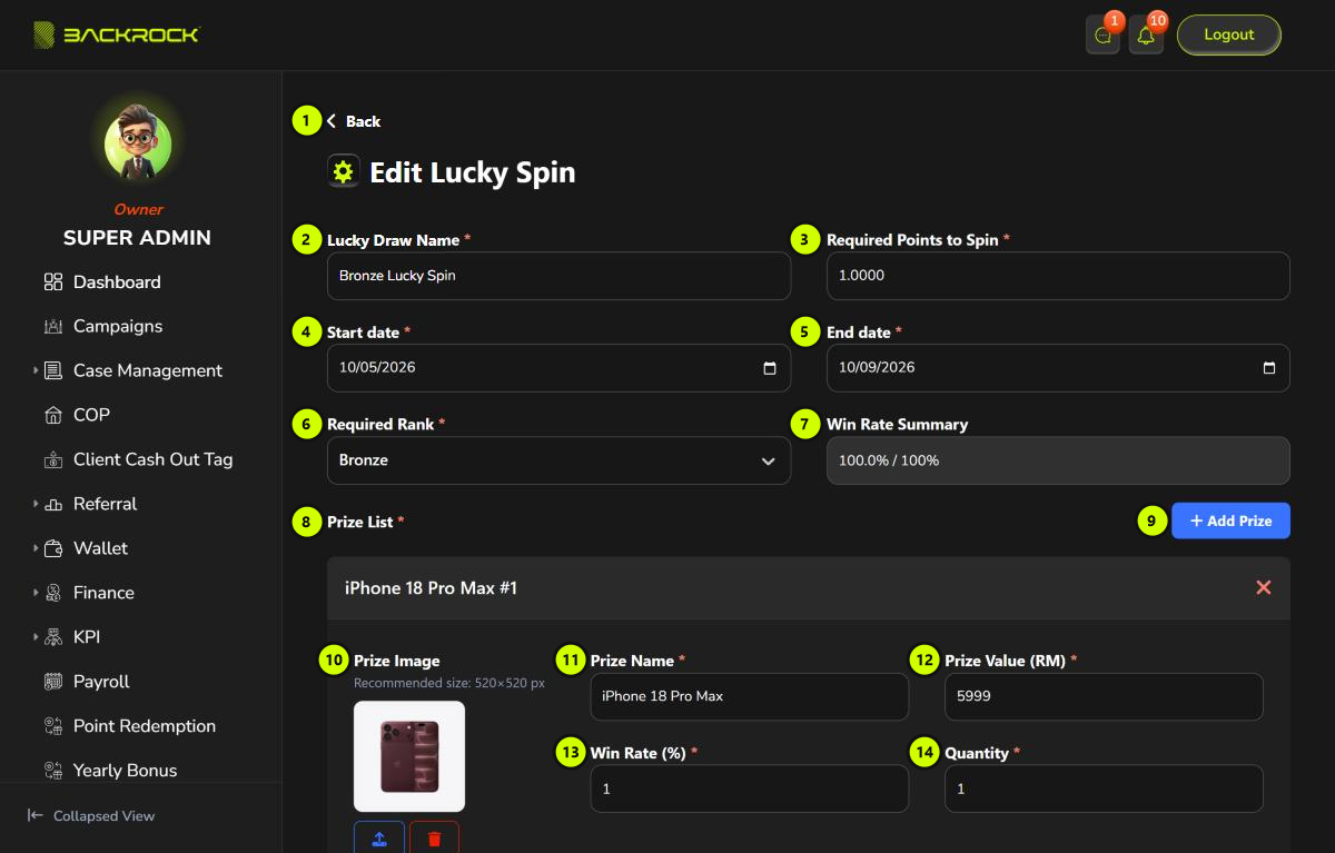 The Lucky Spin form, with its parts numbered 1 to 14