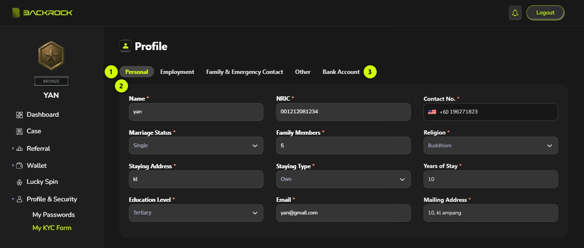 The My KYC Form page, with its parts numbered 1 to 3