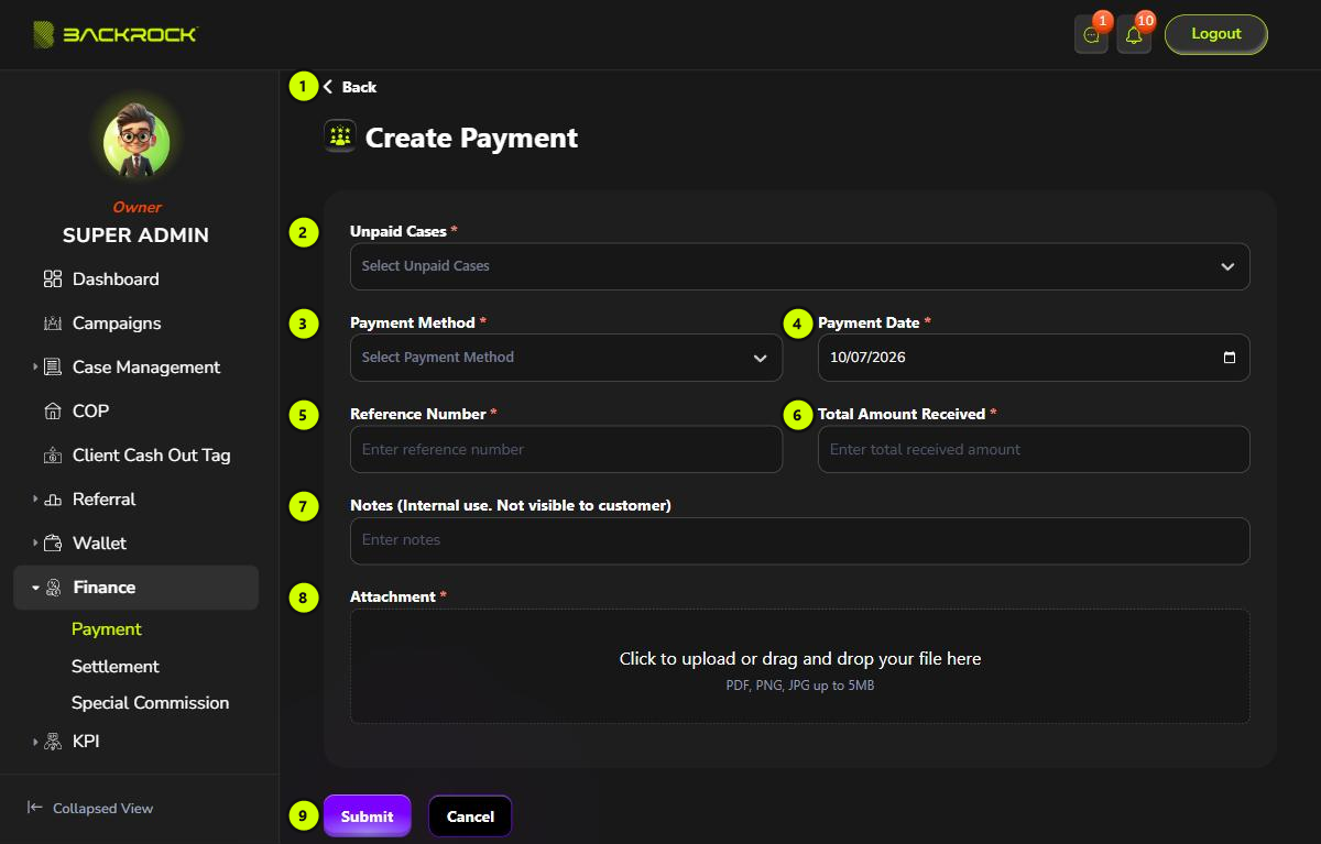 The Create Payment form, with its parts numbered 1 to 9