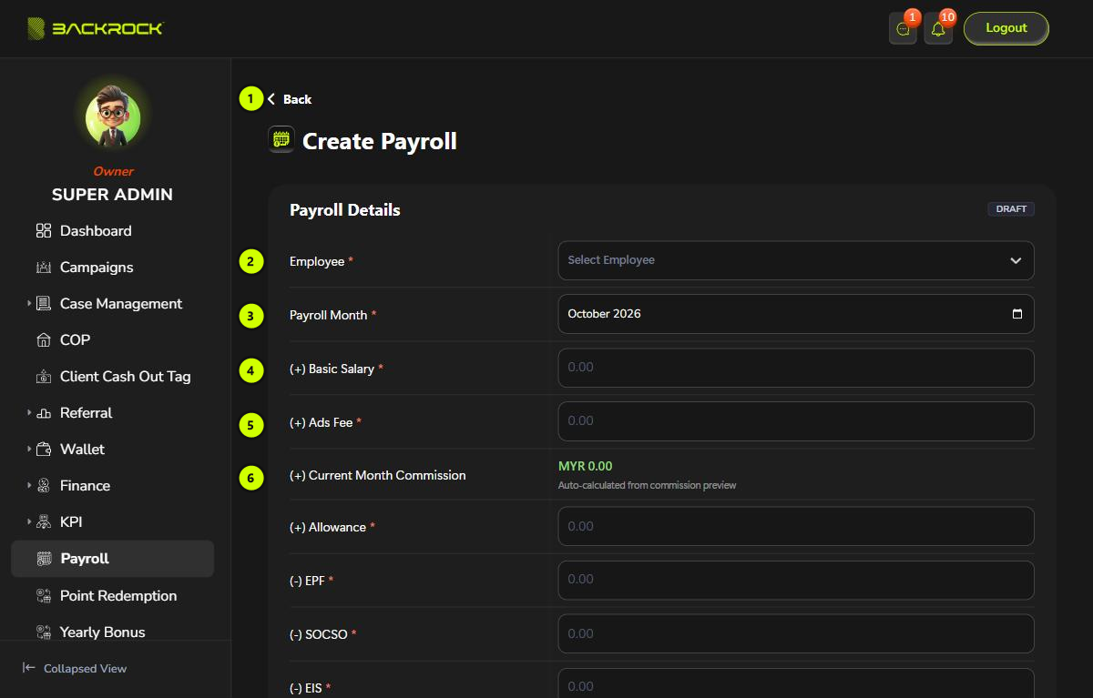The top of the Create Payroll form, with its parts numbered 1 to 6