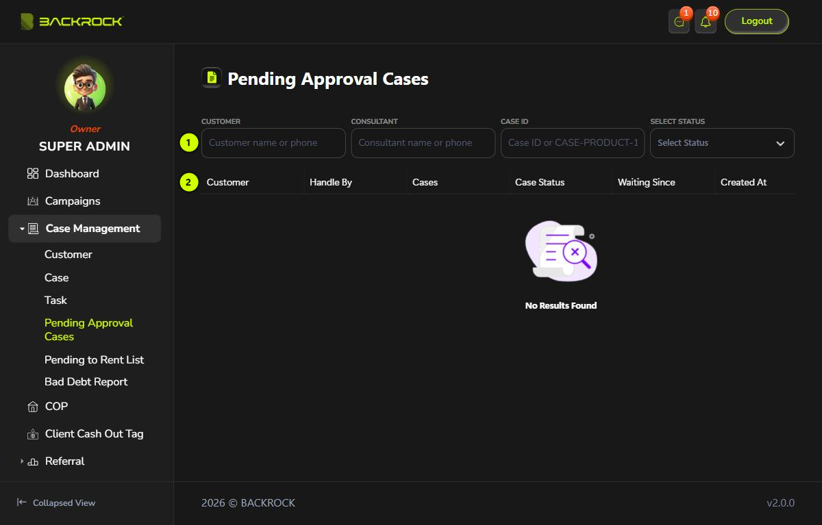 The Pending Approval Cases page, with its parts numbered 1 to 2