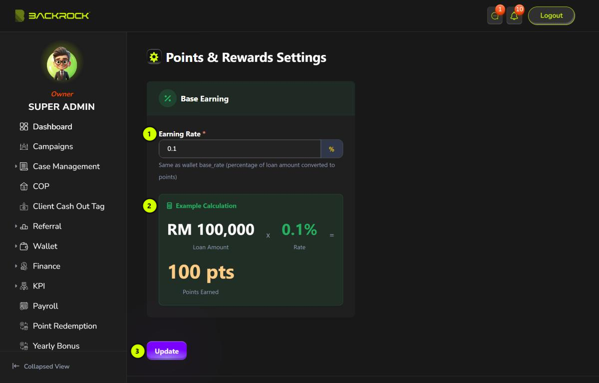 The Points &amp; Rewards Settings page, with its parts numbered 1 to 3