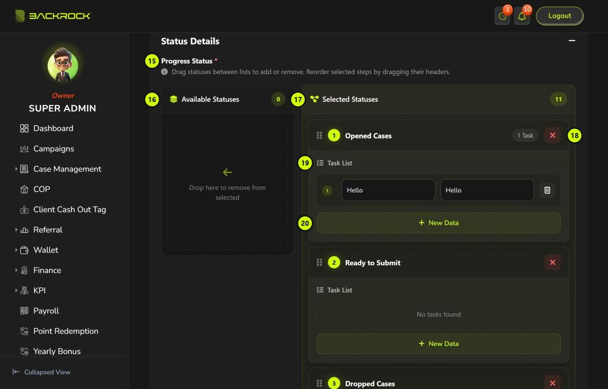 The Status Details section of the Product form, with parts 15 to 20 numbered