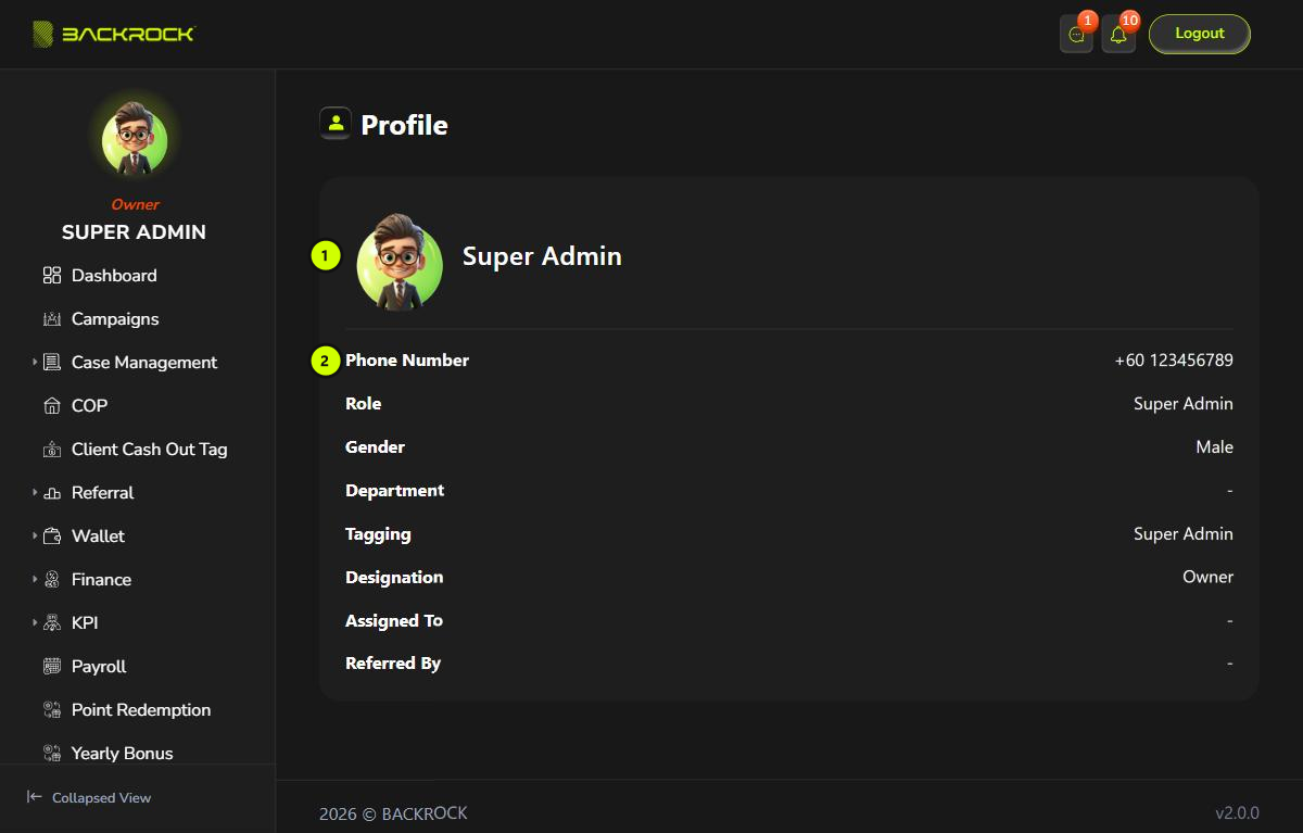 The Profile page, with its parts numbered 1 and 2