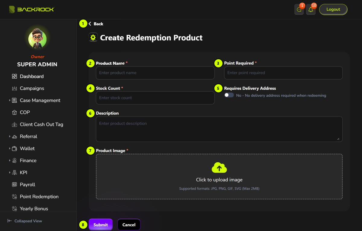 The Create Redemption Product form, with its parts numbered 1 to 8