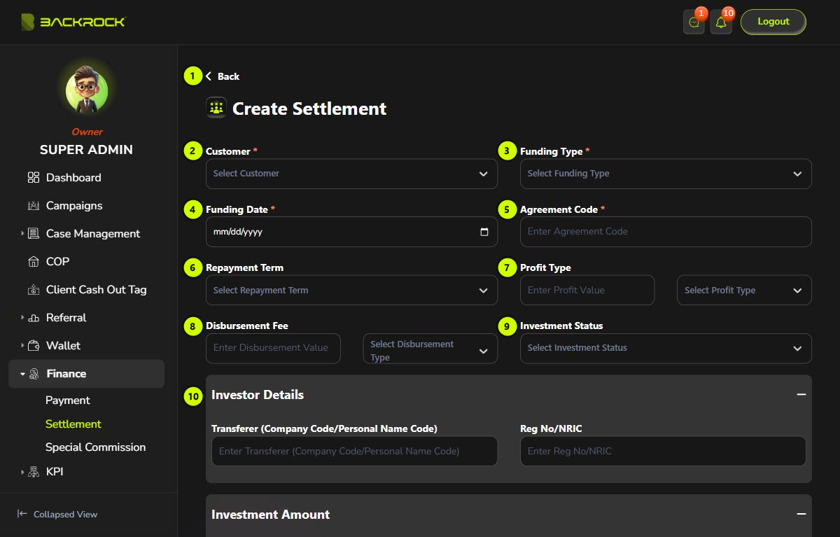 The top of the Create Settlement form, with its parts numbered 1 to 10